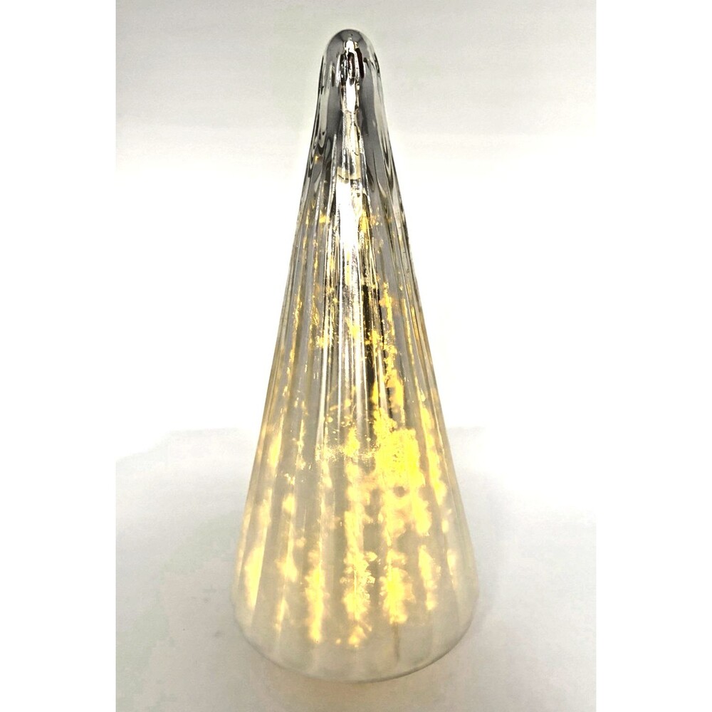 St Nicholas Square Ribbed White Silver Glass 12.5in LED Light Christmas Tree